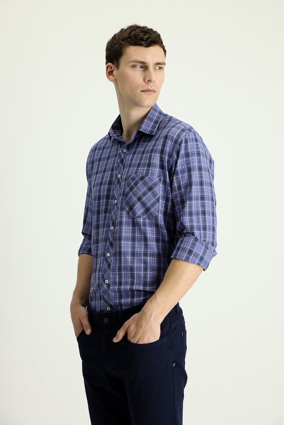 Erkek Giyim - Uzun Kol Regular Fit Ekose Keten Gömlek