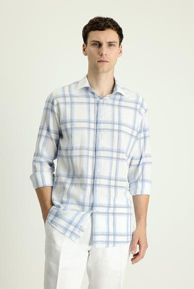 Erkek Giyim - AÇIK MAVİ S Beden Uzun Kol Slim Fit Ekose Keten Gömlek
