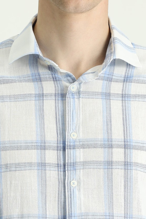 Erkek Giyim - Uzun Kol Slim Fit Ekose Keten Gömlek