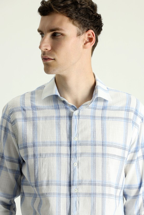 Erkek Giyim - Uzun Kol Slim Fit Ekose Keten Gömlek