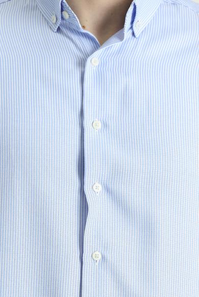 Erkek Giyim - GÖK MAVİSİ 6X Beden Uzun Kol Regular Fit Çizgili Gömlek