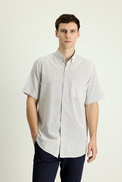 Erkek Giyim - AÇIK BEJ L Beden Kısa Kol Regular Fit Desenli Gömlek