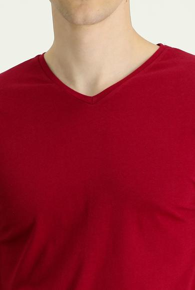 Erkek Giyim - BORDO S Beden V Yaka Regular Fit Süprem Tişört