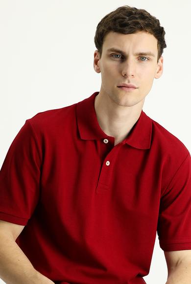 Erkek Giyim - KOYU KIRMIZI L Beden Polo Yaka Regular Fit Nakışlı Tişört