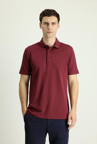 Erkek Giyim - AÇIK BORDO XL Beden Polo Yaka Regular Fit Nakışlı Tişört