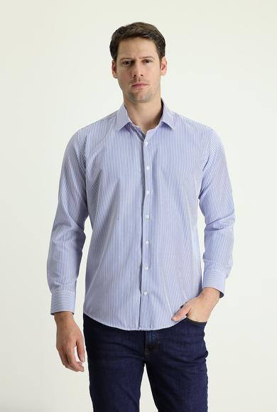 Erkek Giyim - KOYU MAVİ L Beden Uzun Kol Slim Fit Çizgili Gömlek