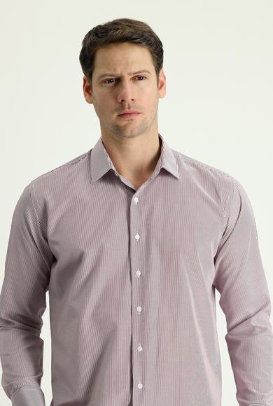 Erkek Giyim - AÇIK BORDO L Beden Uzun Kol Slim Fit Çizgili Gömlek