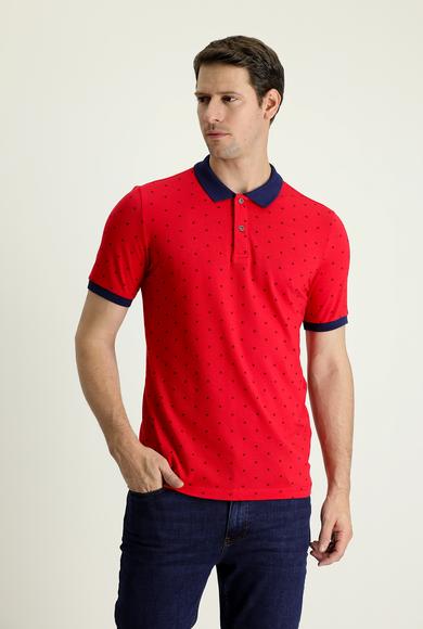 Erkek Giyim - BAYRAK KIRMIZI XL Beden Polo Yaka Slim Fit Desenli Tişört