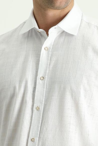 Erkek Giyim - BEYAZ 3X Beden Uzun Kol Regular Fit Keten Görünümlü Desenli Gömlek
