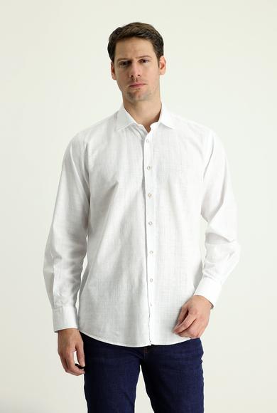 Erkek Giyim - BEYAZ 3X Beden Uzun Kol Regular Fit Keten Görünümlü Desenli Gömlek