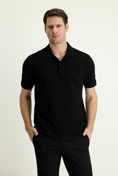 Erkek Giyim - Siyah 3X Beden Polo Yaka Regular Fit Nakışlı Tişört