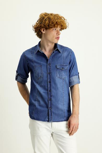 Erkek Giyim - İNDİGO XL Beden Uzun Kol Slim Fit Denim Gömlek