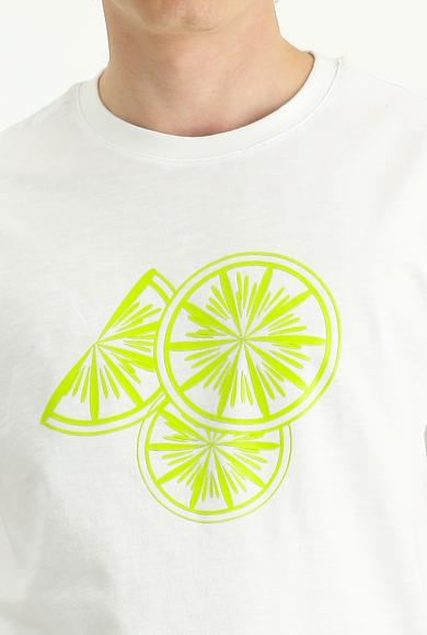 Erkek Giyim - BEYAZ XL Beden Bisiklet Yaka Slim Fit Baskılı Tişört