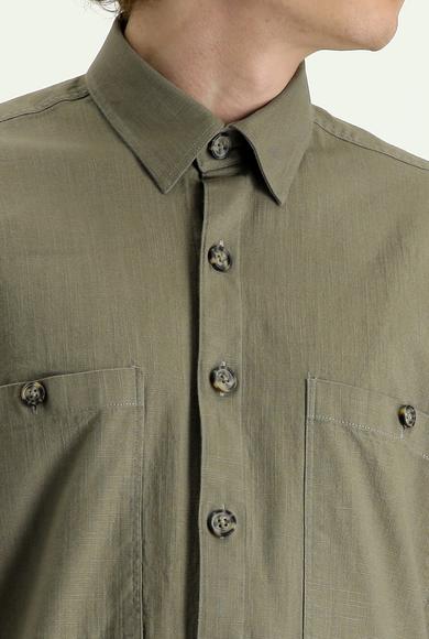 Erkek Giyim - AÇIK HAKİ XL Beden Uzun Kol Cepli Oversize Gömlek