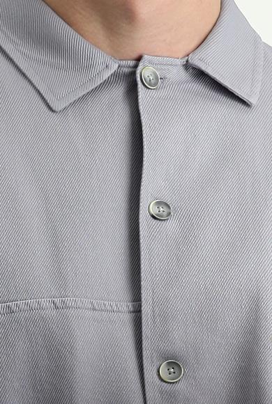 Erkek Giyim - ORTA GRİ 52 Beden Uzun Kol Cepli Oversize Gömlek