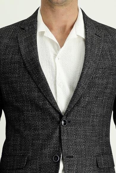Erkek Giyim - SİYAH 46 Beden Slim Fit Desenli Keten Ceket
