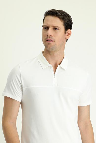 Erkek Giyim - KIRIK BEYAZ L Beden Polo Yaka Slim Fit Fermuarlı Tişört