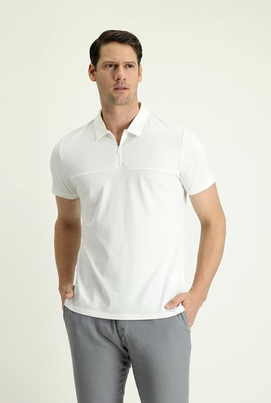 Erkek Giyim - KIRIK BEYAZ L Beden Polo Yaka Slim Fit Fermuarlı Tişört