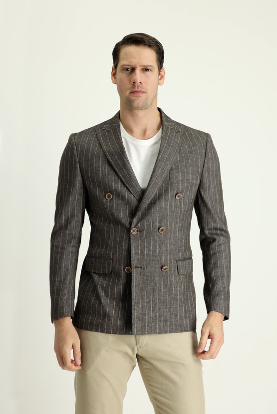 Erkek Giyim - Regular Fit Kruvaze Çizgili Keten Ceket