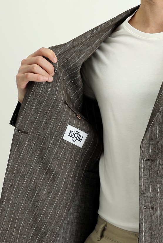 Erkek Giyim - Regular Fit Kruvaze Çizgili Keten Ceket
