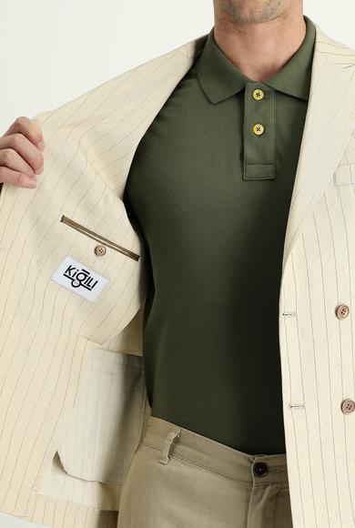Erkek Giyim - KREM 48 Beden Slim Fit Kruvaze Çizgili Keten Ceket