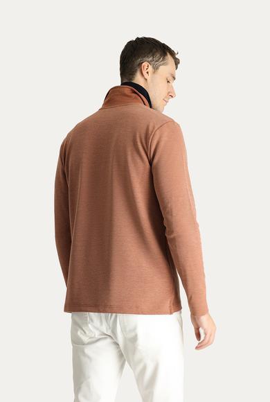 Erkek Giyim - KİREMİT XL Beden Polo Yaka Nakışlı Sweatshirt