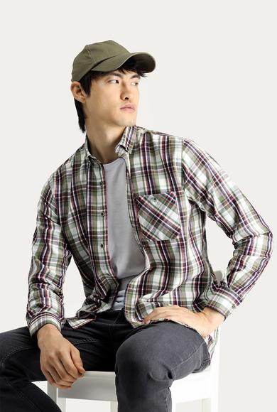 Erkek Giyim - ORTA HAKİ 4X Beden Uzun Kol Regular Fit Ekose Oduncu Gömlek