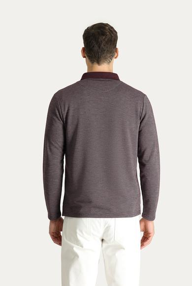 Erkek Giyim - KOYU BORDO 3X Beden Polo Yaka Desenli Nakışlı Sweatshirt