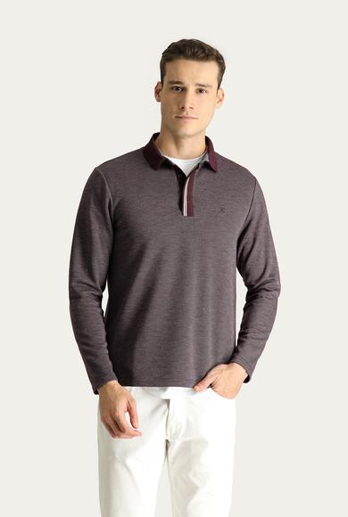 Erkek Giyim - KOYU BORDO 3X Beden Polo Yaka Desenli Nakışlı Sweatshirt