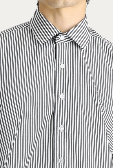 Erkek Giyim - SİYAH XL Beden Uzun Kol Regular Fit Çizgili Gömlek