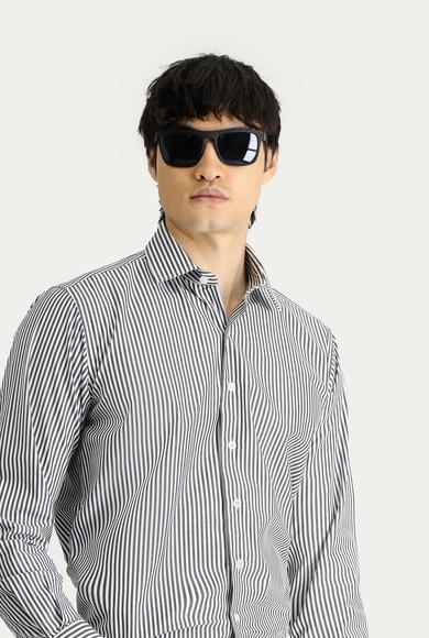 Erkek Giyim - Siyah XL Beden Uzun Kol Regular Fit Çizgili Gömlek
