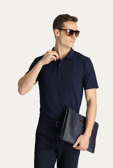 Erkek Giyim - KOYU LACİVERT L Beden Polo Yaka Slim Fit Nakışlı Tişört
