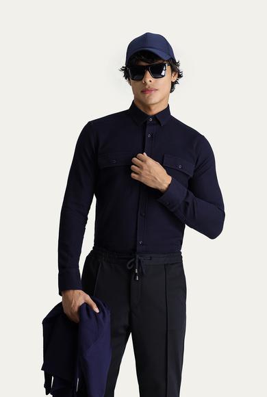 Erkek Giyim - KOYU LACİVERT L Beden Uzun Kol Slim Fit Spor Gömlek
