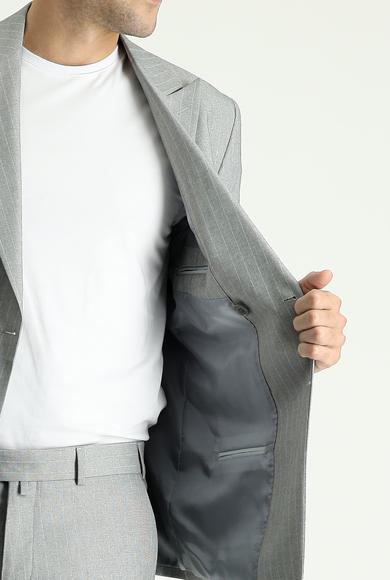 Erkek Giyim - ORTA GRİ 46 Beden Slim Fit Kruvaze Çizgili Takım Elbise