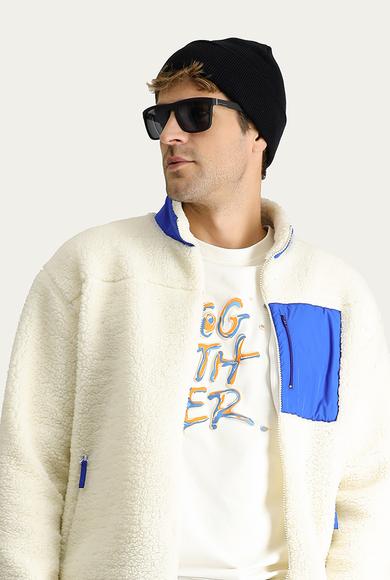 Erkek Giyim - EKRU L Beden Fermuarlı Pelüş Sweatshirt